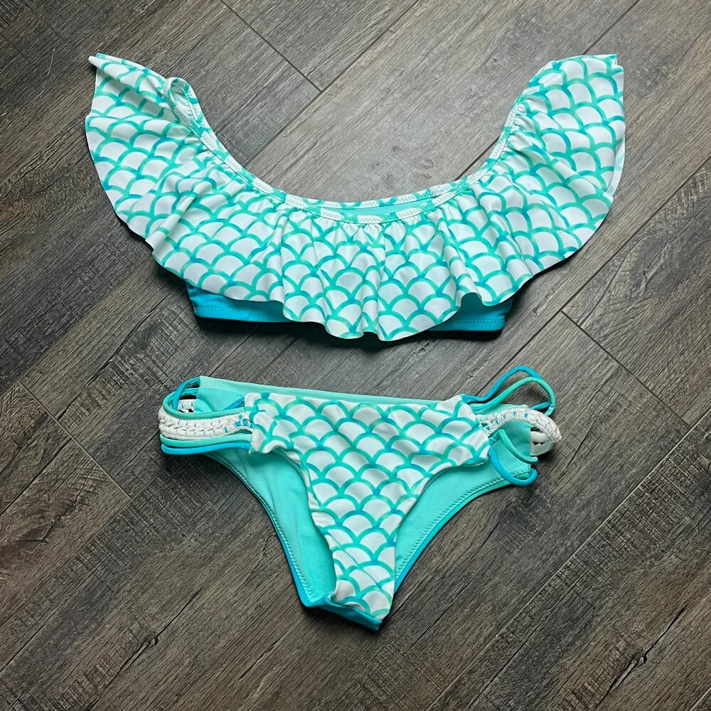 Raisins Teal & White Scale Mermaid Bikini Two Piece Swim Suit ((Small))